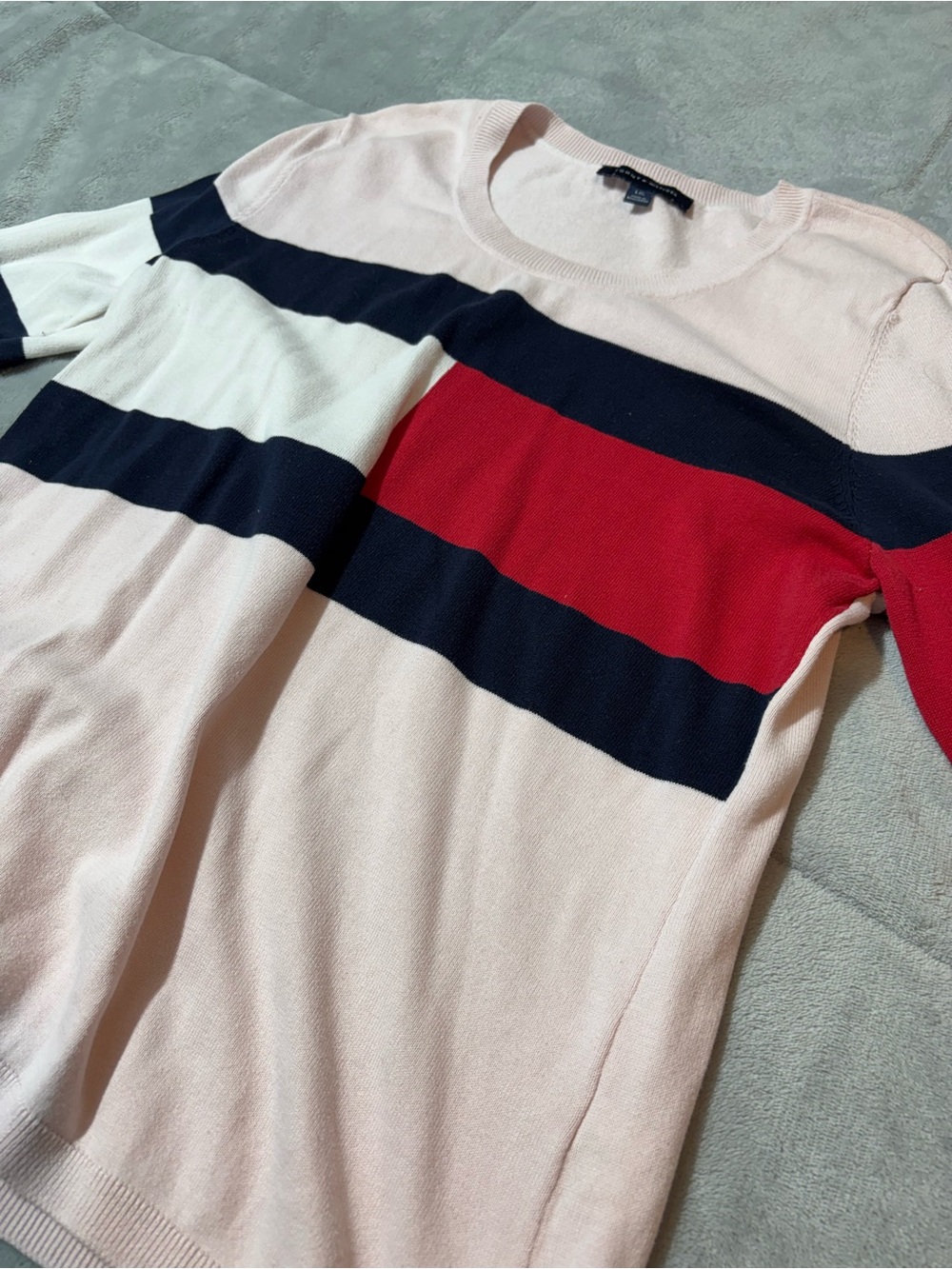 Tommy Hilfiger Pink Crewneck Sweater with Navy & Red Stripes